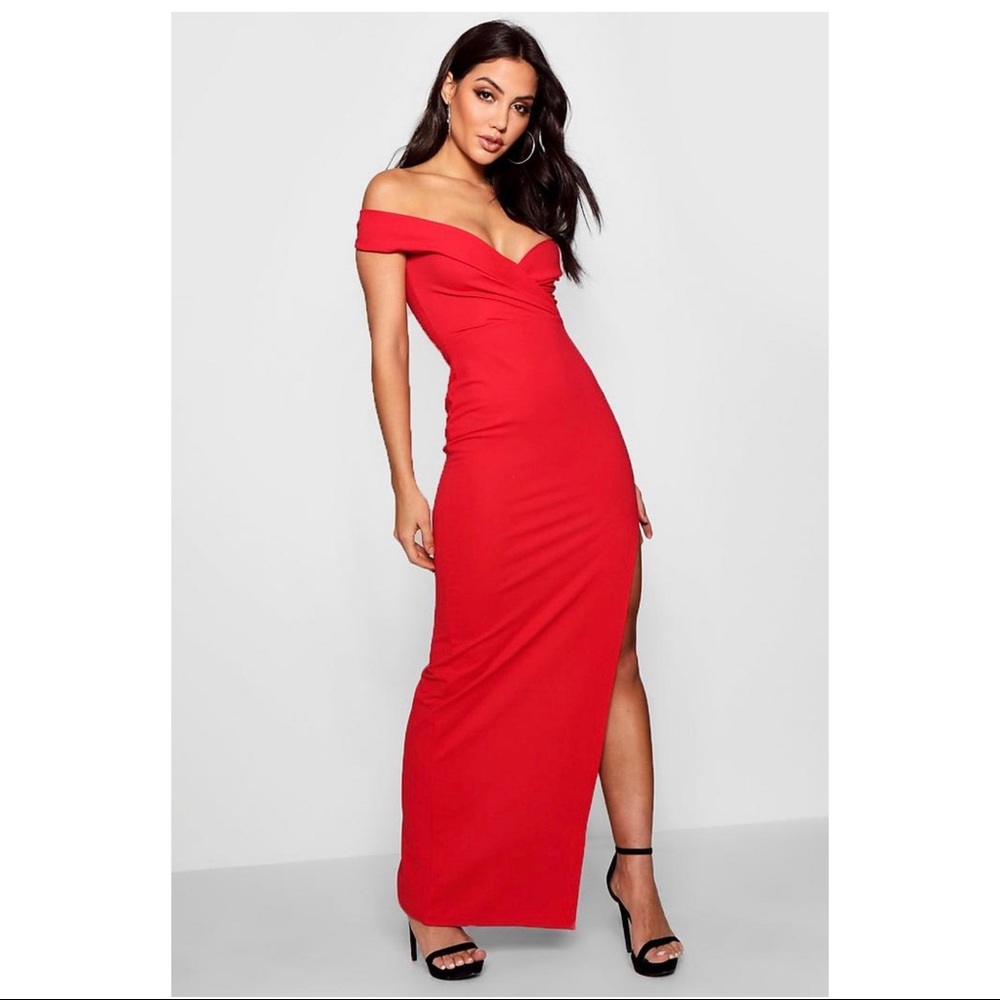 NWT boohoo Wrap Top Off Shoulder Red Maxi Gown
